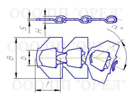 Чертеж цепи кормораздачи с размерами звена и техническими параметрами